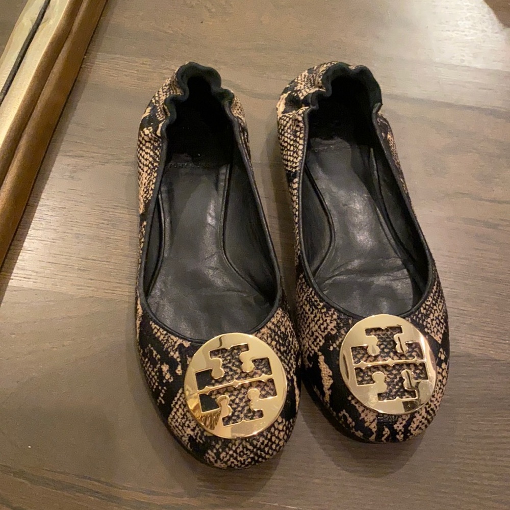 Snake print and gold Tory Burch flats